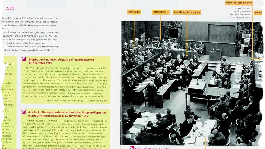  Die Nürnberger Prozesse dürfen in keinem Geschichtsbuch fehlen. Hier ein Auszug einer Doppelseite des deutsch-französischen Buches "Geschichte/Historie". Rechtshistorisch ist der Internationale Militärgerichtshof Vorläufer des 2003 eingerichteten Internationalen Strafgerichtshof (ICC) in Den Haag