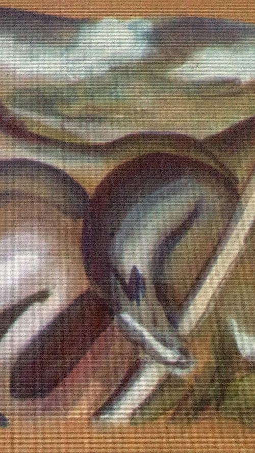 Tiere, vor allem Pferde, waren das Lieblingsmotiv des Expressionisten Franz Marc (1880 - 1916), der auch mit Elementen anderer Kunstrichtungen experimentierte. Bei diesem Bild mit dem Titel "Pferde in der Landschaft" erkennt man seine Handschrift nicht nur in der Signatur.