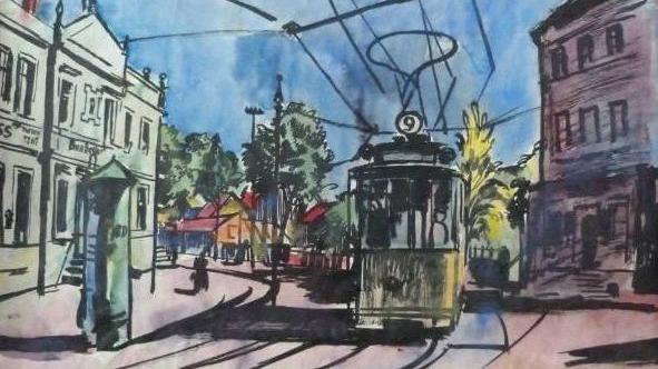 Bernhard Kretschmar (1889 - 1972), ein Vertreter der Neuen Sachlichkeit, machte eine "Straßenbahn" zur Hauptfigur seines Aquarells. Dieses Werk findet sich unter den beschlagnahmten Bildern aus der Münchner Wohnung.