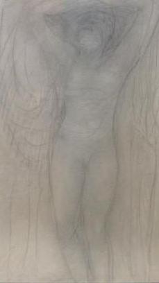 "Etude de femme nue debout, les bras relevés, les mains croisées au-dessus de la tête"  - Der Bildhauer und Zeichner Auguste Rodin (1840 - 1917) beschreibt mit diesem Titel detailreich, was auf seiner undatierten Zeichnung zu erkennen ist.