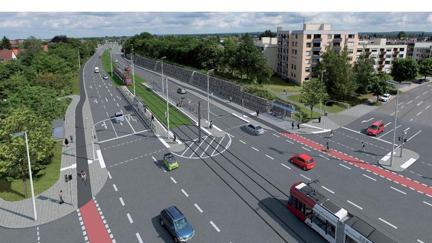 Diese Fotomontage zeigt die Erlanger Straße gen Norden. Rechts ist die neue Lärmschutzwand zu sehen, in der Mitte der Fahrbahn die neu angelegte Straßenbahn-Haltestelle "Cuxhavener Straße".