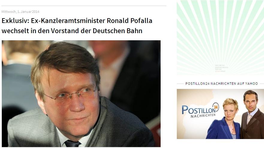 Mit der scheinbaren Satire-Meldung, dass Pofalla zur Bahn wechselt, legte der Postillon fast das gesamte Internet rein. Mit der scheinbaren Satire-Meldung, dass Pofalla zur Bahn wechselt, legte der Postillon fast das gesamte Internet rein.