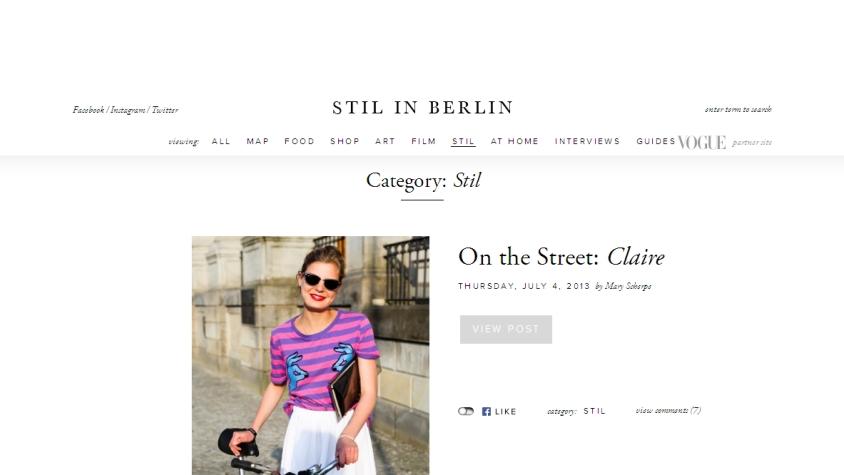 Stil in Berlin war 2006 Deutschlands erstes Straßenmode-Blog. Anfangs drehte sich alles um Streetstyle, im Laufe der Zeit jedoch befassten sich die Blogger/innen immer häufiger auch mit anderen Themen wie Kunst, Kultur, Lifestyle und Kulinarik. Hauptbloggerin Mary fotografiert außerdem für Vogue Germany und die Style Map von Style.com .
