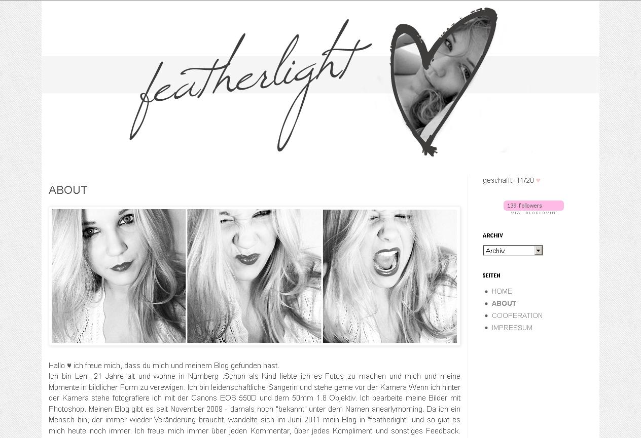 Die 21-j&auml;hrige N&uuml;rnbergerin steht nicht nur selber gerne vor der Kamera, sie hegt auch eine gro&szlig;e Leidenschaft f&uuml;r Fotografie. Ihr Blog  Featherlight widmet sie der Mode, den kulinarischen Gen&uuml;ssen, den Freuden des Dekorierens und eigentlich allem, was das M&auml;dchenherz h&ouml;her schlagen l&auml;sst.