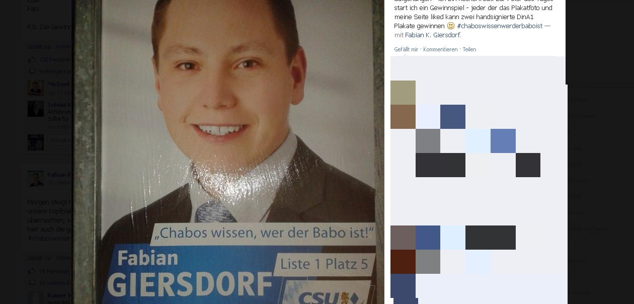 Hier der Screenshot von der Facebook-Seite Giersdorfs dem Babo-Plakat und einigen Kommentaren. Die Seite hat der CSU'ler mittlerweile offline genommen.
