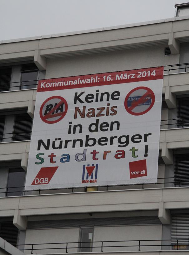 "Keine Nazis in den Nürnberger Stadtrat": Dieses Transparent hängt am Nürnberger Gewerkschaftshaus.
