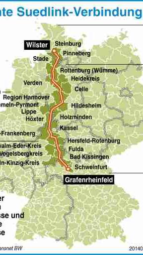 Es sind noch weitere Stromtrassen nach Bayern geplant. Die rund 800 Kilometer lange sogenannte Suedlink-Verbindung - von den Übertragungsnetzbetreibern TenneT TSO und TransnetBW - soll ab dem Jahr 2022 Windstrom von Schleswig-Holstein bis nach Bayern und Baden-Württemberg transportieren.