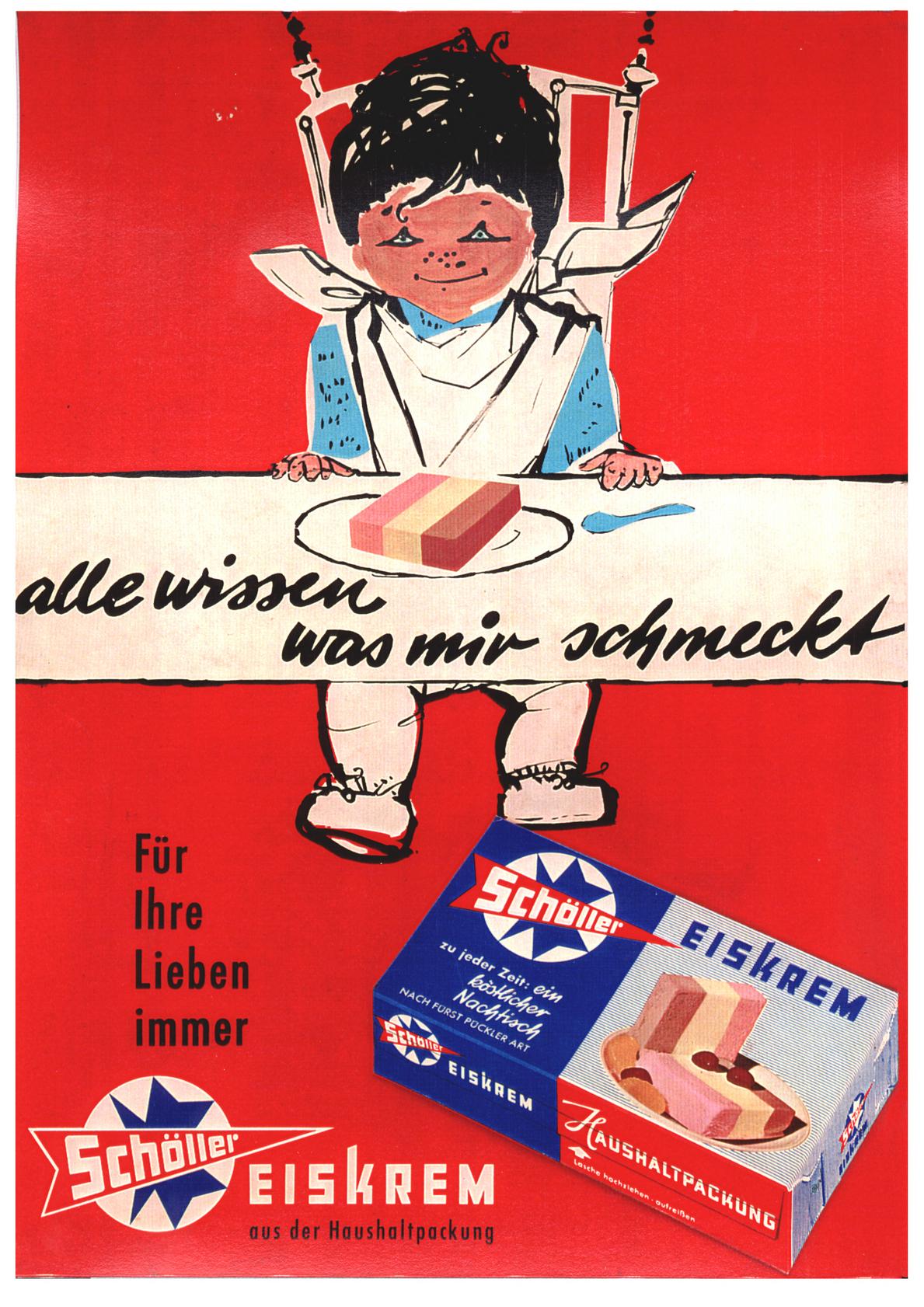 2007 wurde die Eis-Produktion in Nürnberg von der nordrhein-westfälischen Firma Rosen übernommen. 2012 übernahm das Werk die Molkerei Deutsche Milchkontor, die 2015 das Aus für die einstige Schöller-Fabrik bis Ende 2017 ankündigte. Unser Foto zeigt eine Schöller-Werbung aus den 1960er-Jahren - eine Zeit als Schöller noch aus eigener Kraft auf der Welle des Wirtschaftswunders schwamm.