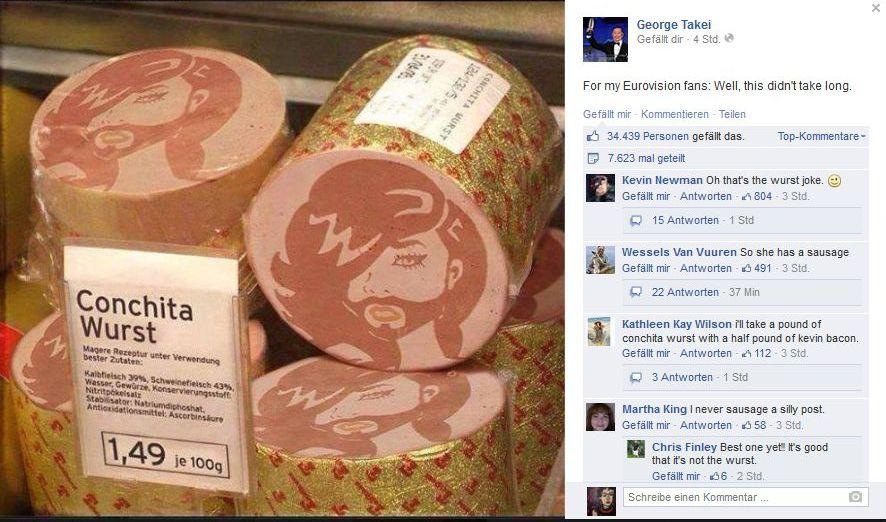 Fast 35.000 "Gef&auml;llt mir" f&uuml;r Bembers' Conchita-Wurst allein auf der Seite von "Star Trek"-Schauspieler George Takei (Stand: 13. Mai, 18:53 Uhr).