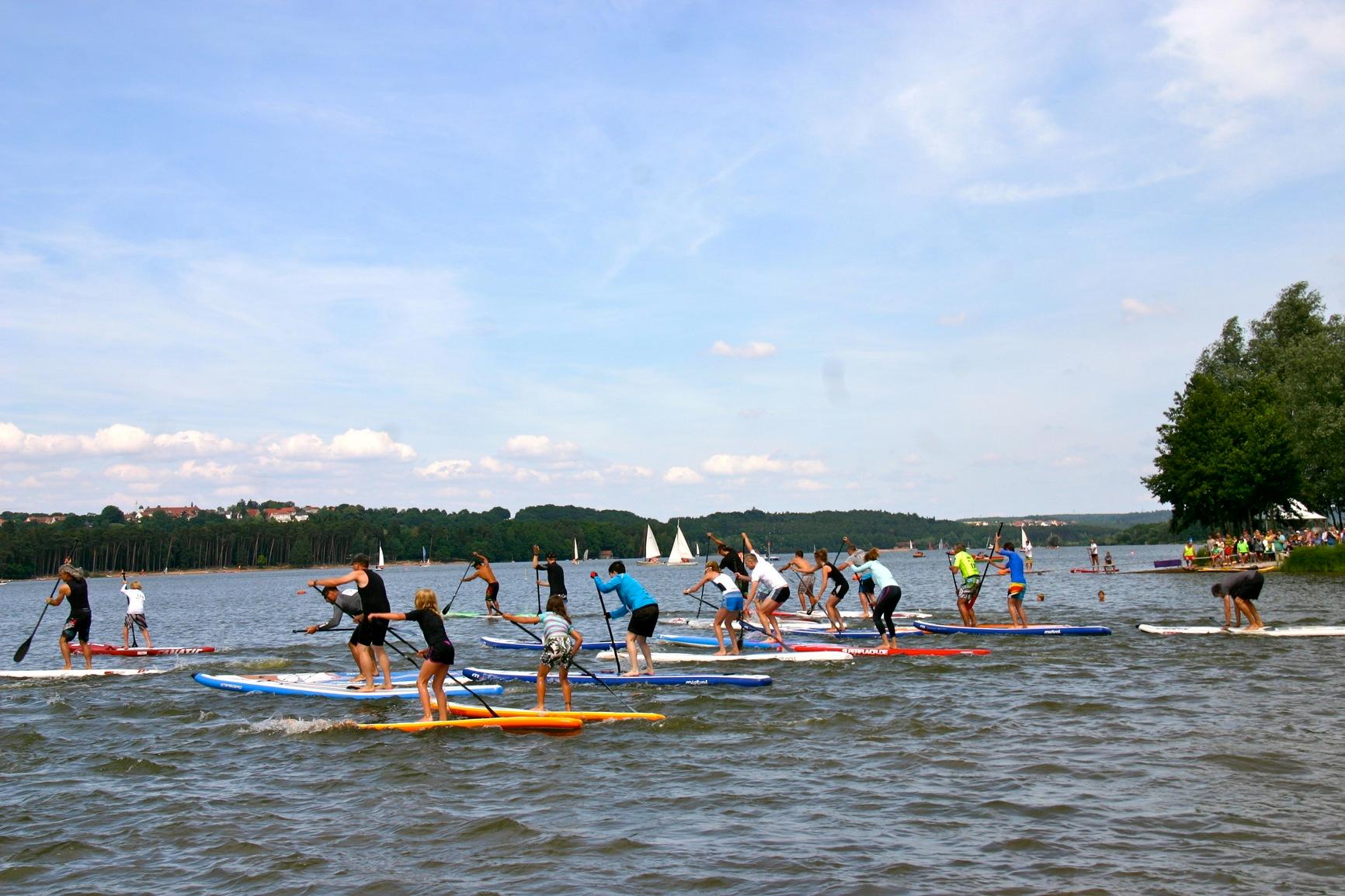 Werbung für StandUpPaddling beim Lost Mills Race Nordbayern