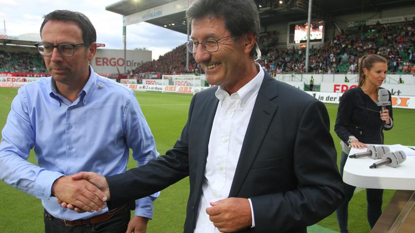Im Vorfeld haben die Verantwortlichen beider Vereine auf einen friedlichen Verlauf rund um das Derby gepocht. FCN-Vorstand Martin Bader und Fürth-Boss Helmut Hack machen vor dem Spiel den fairen Umgang miteinander vor.