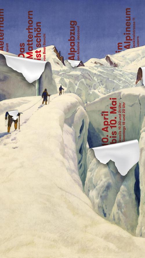 Selbstreferentialität: Bei dem Werbeplakat des Schweizer Theaters Aeternam für ein alpines Themenpaket lösen sich einige vermeintliche Berge von der Panorama-Ansicht ab, als wären sie selber nur nachlässig angeleimte Plakate.