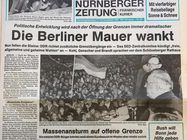 Die Titelseite der "Nürnberger Zeitung" am 11. November 1989.
