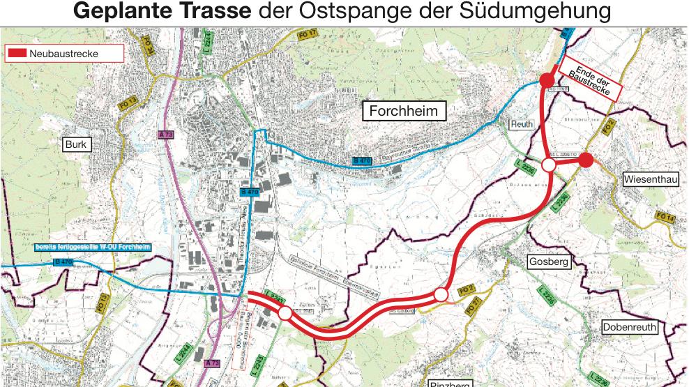 Die geplante Trasse der Ostspange der Südumgehung Forchheims.