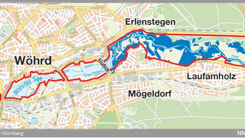 Vom Wöhrder See, Höhe Flußstraße, im Westen (Bildmitte) bis zur Autobahn im Osten soll sich das neue Naturschutzgebiet Pegnitztal Ost erstrecken.