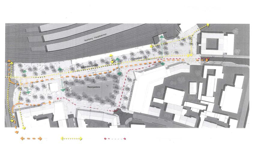 Doch der Parkplatz wird nach den neuen Plänen nun wieder einer Grünfläche weichen. Der Bahnhofsboulevard wird mit vielen Bäumen versehen. Die orangenen Markierungen zeigen den Busfahrverlauf, gelb sind die Fahrradwege, grün die Fußwege eingezeichnet. In pink ist die Feuerwehrzufahrt zu sehen.