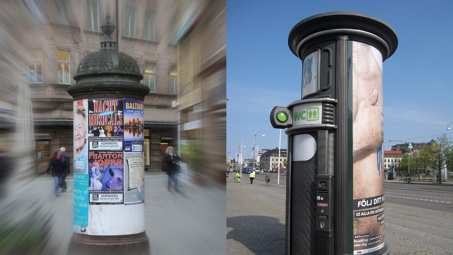 Historische Litfaßsäulen (links) in Nürnberg und rechts werbetragende Hightech-Toiletten.