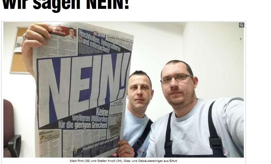 Auf Bild.de werden Leser dazu animiert, den Aufruf „Nein – keine weiteren Milliarden für die gierigen Griechen!“ als Selfie an die Redaktion zu mailen.