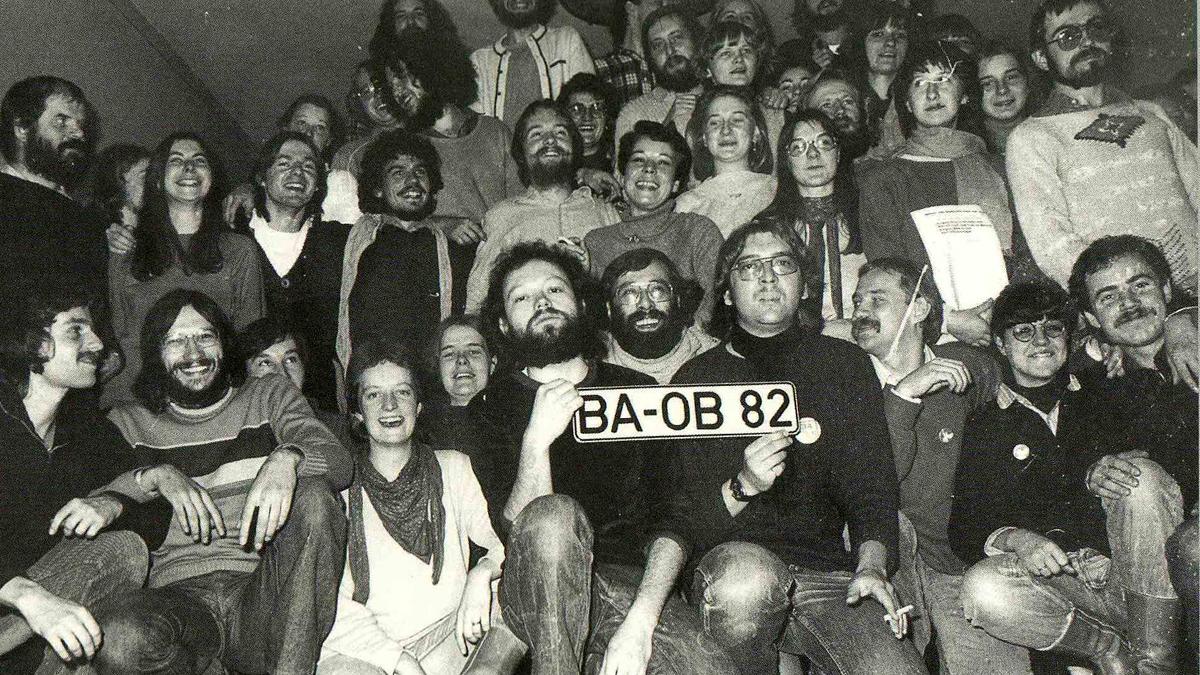 Gründung Bamberger Alternative zur OB Wahl 1982. Ganz vorne mit Schild Rudi Sopper.