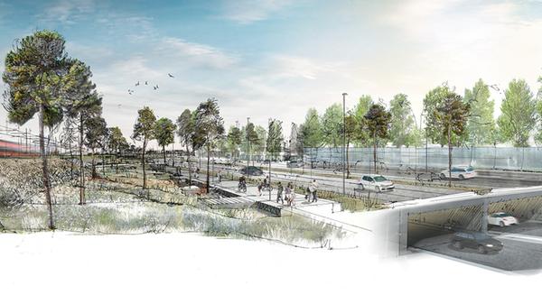 Die Sandachse, die in der linken Bildhälfte zu sehen ist, soll als Ausgleichsfläche für den Naturschutz dienen. Hier werden Kiefern zwischen Dünen und der trockenen Graslandschaft gepflanzt. Fußgänger und Fahrradfahrer laufen oder fahren auf erhöhten Wegen. Unterhalb der Straße an der Oberfläche soll der Tunnel Pendler direkt bis in die Südstadt führen.