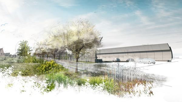 Diese Skizze der Stadt Nürnberg zeigt den Blick auf den Frankenschnellweg von Nordwesten aus. Zwischen den Gärten und der Lärmschutzwand soll ein Versorgungsweg liegen, der nicht frei zugänglich ist. Zwischen den bestehenden Bäumen werden neue gepflanzt. So soll der Blick der Anwohnerinnen und Anwohner auf die hohe Lärmschutzwand laut Stadt angenehmer werden. Die Innenseite der Lärmschutzwand soll mit einfachen Motiven bedruckt werden, die an die Geschichte der Viertel erinnert.