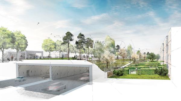 Die Ostseite des Parks soll anders aussehen als die gegenüberliegende Seite, weil hier direkt Wohnhäuser mit ihren Gärten an die Böschung zum Tunnelpark angrenzen. Damit die Parknutzerinnen und -nutzer nicht in die privaten Gärten hineinsehen oder sie betreten können, soll eine kleine Mauer den Park abschirmen. So kann der terrassenförmige Hang zu den Gärten nicht betreten werden.