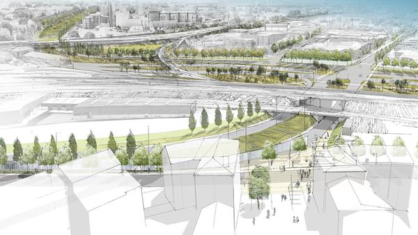 Die neue Kohlenhofstraße soll nach dem Ausbau den Verkehr zweispurig vom Frankenschnellweg in die Innenstadt führen. Im Bildhintergrund sind die neuen Verbindungsgleisbrücke der Bahn und der Park erkennbar.