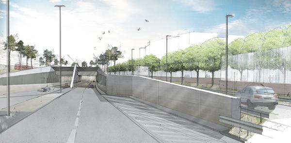 Der Frankenschnellweg soll hier zweispurig werden. Der Sockel der Lärmschutzwand auf der rechten Bildseite erinnert an die Ufermauern des Alten Kanals.