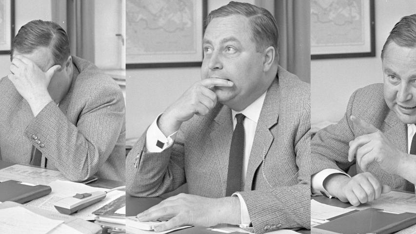 Dr. Horst Herold während des Interviews. Die kleinen Bilder zeigen seine Reaktionen auf die verschiedenen Fragen. Hier geht es zum Artikel vom 11. Juni 1965: "Verhör mit Glacéhandschuhen".
