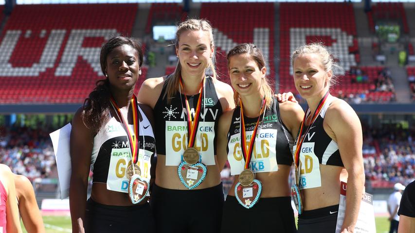 Respekt: Diese Mädels, namentlich Yasmin Kwadwo, Alexandra Burghardt Ricarda Lobe und Verena Sailer (von links nach rechts) dürfen sich Deutscher Meister nennen - in der 4x100-Meter-Staffel.