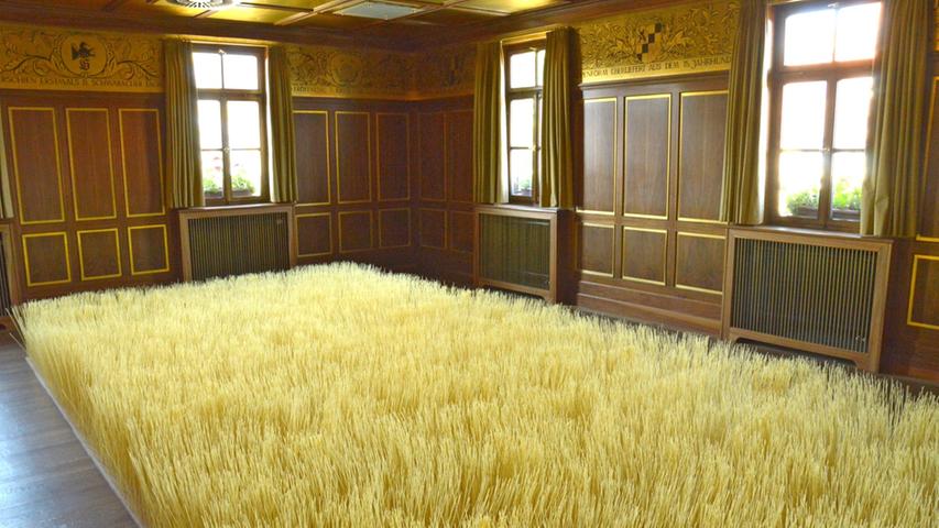 Aus 50.000 Spaghettinudeln besteht das Weizenfeld der Künstlerin Monika Supé im Goldenen Saal der Stadt.