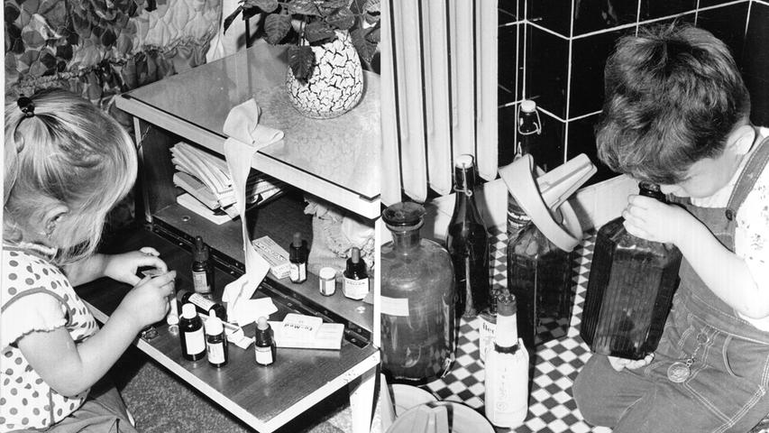 Tabletten und Arzneien gehören nicht in niedere Schränkchen oder Nachttischchen, Laugen und Fleckenwasser sollten nicht im Badezimmer stehen.  Hier geht es zum Artikel vom 3. September 1965: Gift in Kinderhand