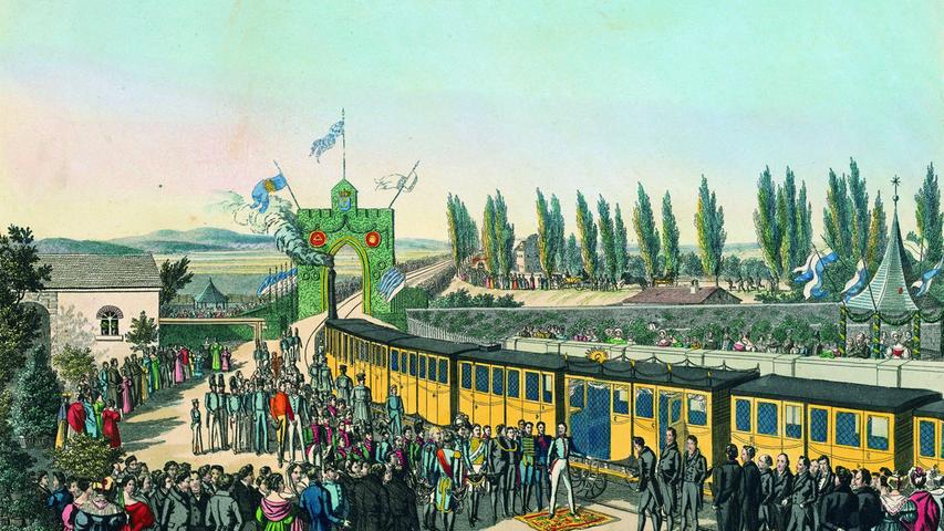 König Ludwig I. besucht zu der Zeit regelmäßig die Städte und Regionen Frankens. Ein Pflichttermin ist dabei auch immer die kurzweilige Reise mit dem "Adler" auf der ersten Eisenbahnlinie Deutschlands von Nürnberg nach Fürth.
