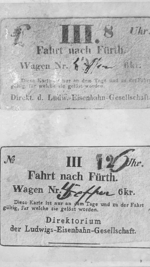 Historische Fahrkarte für die Fahrt nach Fürth im offenen Wagen. Preis: 6 Kreuzer.