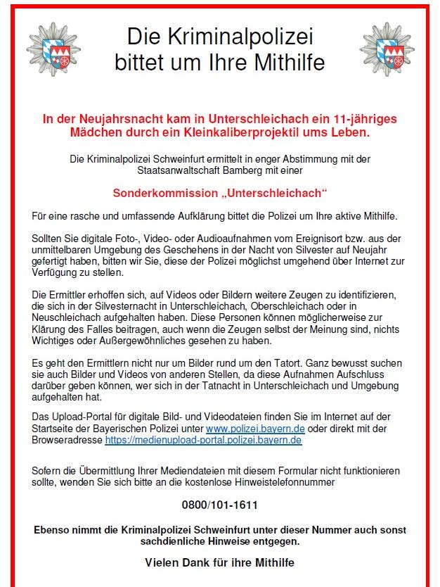 Der neue Flyer der SOKO Unterschleichach. Die Polizei bittet um dringende Mithilfe der Bürger.