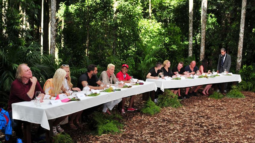 Am Rande des Dschungels versammeln sich die "Promis" der neuen Staffel für ein letztes gemeinsames Mahl.