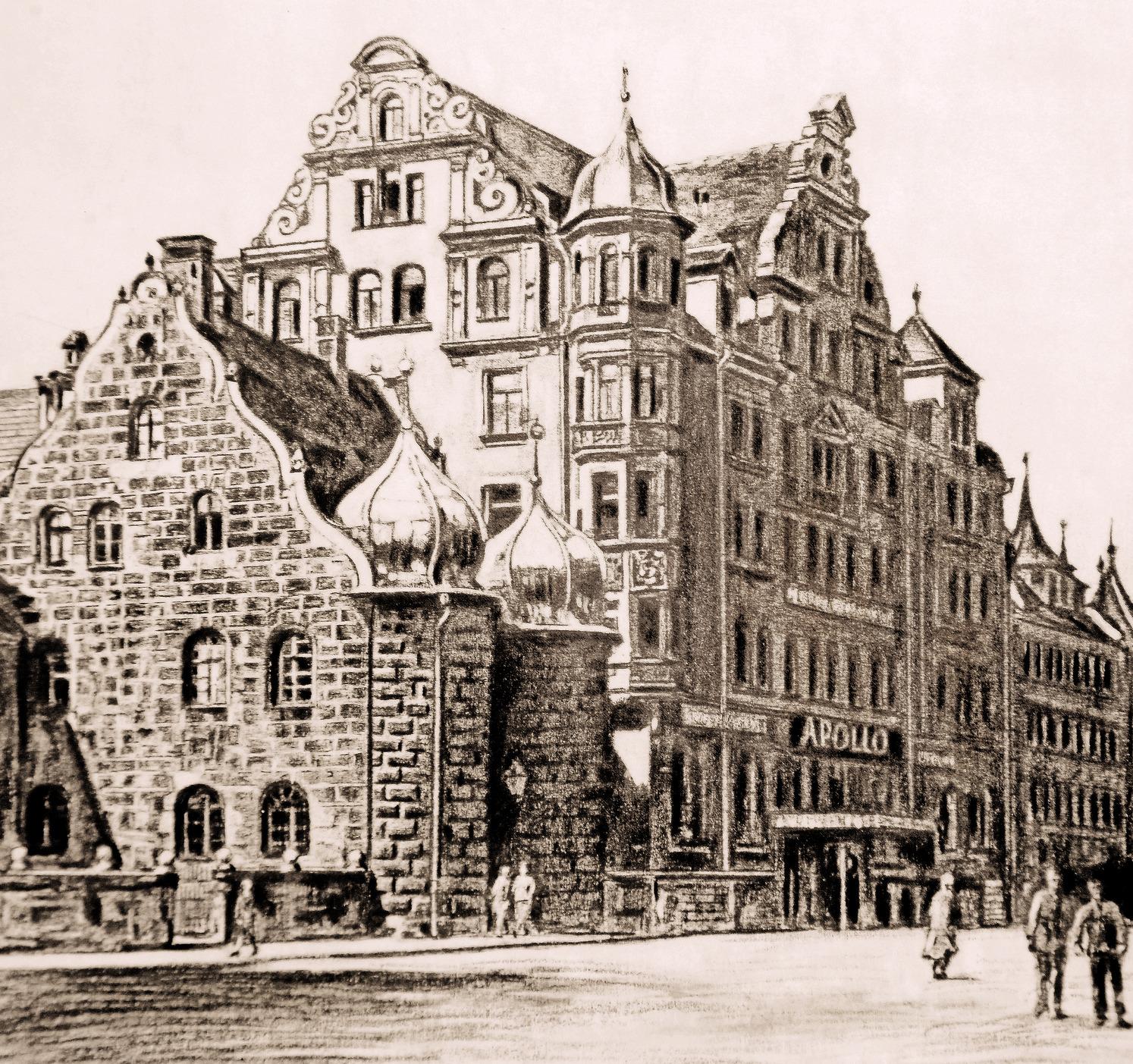 Es muss ein prachtvoller Anblick gewesen sein und den zeitgenössischen Geschmack genau getroffen haben: Einst stand in der Pfannenschmiedsgasse 22 das Apollo-Theater. "Hinter der Orchester-Vertiefung mehrere Reihen eleganter und bequem gepolsterter Fauteuils als beste Parkettplätze. Metallene Brüstungen, namentlich die des ersten Ranges, strotzten von Gold und kunstvoll ausgeführten Figuren und erstrahlten in dem Meer von elektrischem Licht, das dank zahlloser Lampen und Lüster den ganzen weiten Raum durchflutete, in magischem Glanze." So beschrieb der Bauherr und Betreiber Johann Baptist Zetlmeier 1910 das Apollo-Theater, das er im Juni 1896 eröffnete und schon bald zu einer der bekanntesten Varietébühnen Deutschlands aufstieg.