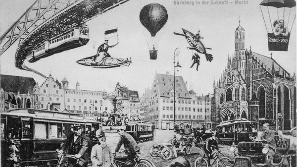 Schwebebahn, Luftgefährte, Automobile und Zweiräder - Auf dieser Postkarte wird für Nürnbergs Zukunft ein vielseitiges Angebot an Verkehrsmitteln dargestellt. Die Karte soll aus den 1920er Jahren stammen und illustriert eine Vision für die Nürnberger Innenstadt, die sich teilweise sogar erfüllte.