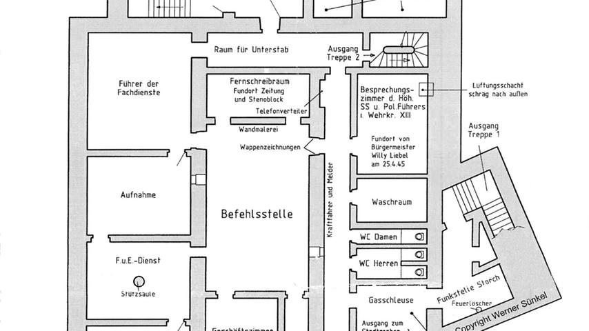 Der Bunker auf Papier: Ein Ausschnitt des Grundrissplanes von Wer­ner Sünkel zeigt die Aufteilung der Räume.