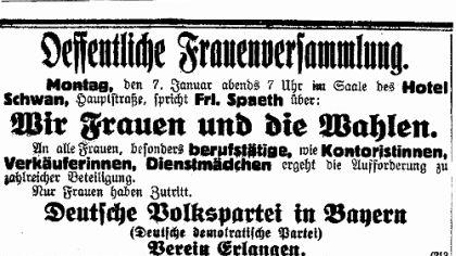 So sah die Anzeige im Erlanger Tagblatt aus, die die Erstwählerinnen mobilisieren und auf ihren Urnengang vorbereiten sollte. So sah die Anzeige im Erlanger Tagblatt aus, die die Erstwählerinnen mobilisieren und auf ihren Urnengang vorbereiten sollte.