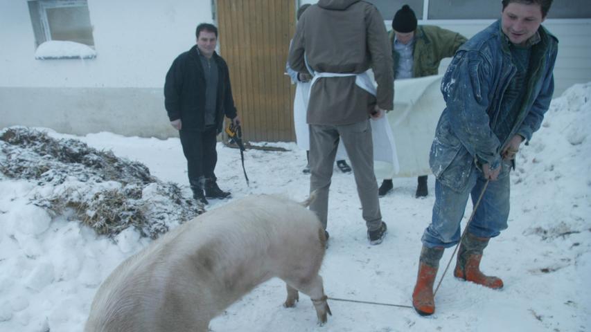 Pelchenhofen 2002: Das  Dorfschwein wird geschlachtet