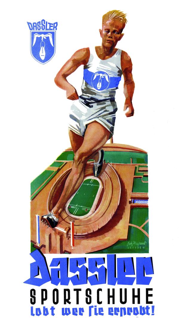 Der Plakattext "Dassler Sportschuhe lobt, wer sie erprobt" aus dem Jahr 1936 deutet auf die Erfolge bei Olympia hin.