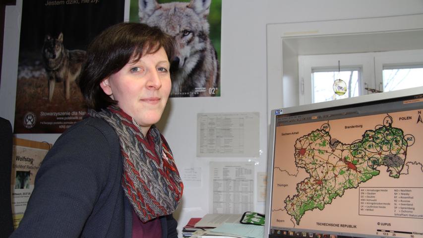 Biologin Vanessa Ludwig arbeitet im Kontaktbüro "Wolfsregion Lausitz" in Rietschen. Ihr Computerbildschirm zeigt die Wolfsrudel in Sachsen.