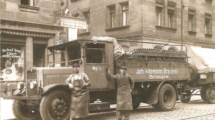 Nach Schließung der Erlanger Braustätten Henninger und Erich profitierte Kitzmann, hier ein LKW der Firma aus dem Jahr 1930, als einziger verbliebener Erlanger Braubetrieb vom Lokalbewusstsein der Erlanger. Den Betrieb gibt es bis heute.