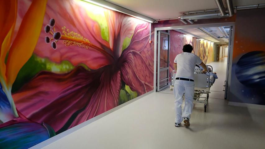 Graffiti-Sprayer Julian Vogel hat sein farbenfrohes Kunstwerk im Patiententunnel des Dr.-Theo-Schöller-Hauses passend mit "Der Mensch zwischen Mikro- und Makrokosmos" überschrieben.