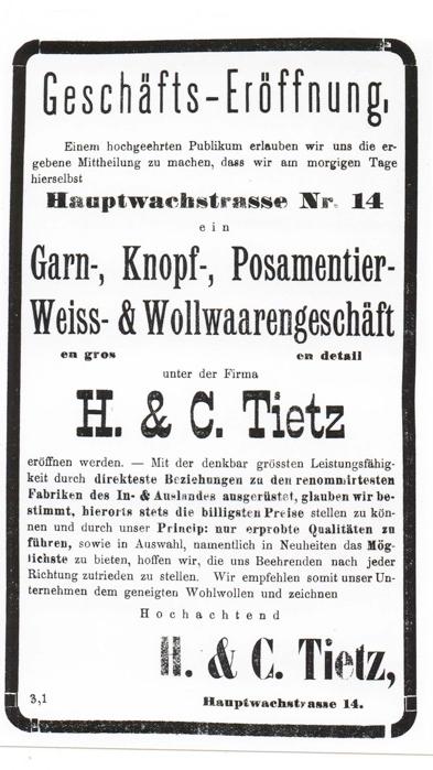 Im Jahr 1886 eröffnete die jüdische Familie Tietz ein Warenhaus in der Hauptwache 14 in Bamberg. Es gehörte zur Gruppe "H. & C. Tietz", damals eine der größten Warenhausketten Deutschlands.
