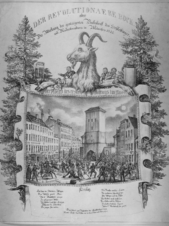 „Der revolutionaere Bock“: Eine Darstellung der Bierkrawalle in München 1844. Auslöser war — wie in Nürnberg und Fürth rund 20 Jahre später — eine Bierpreiserhöhung.