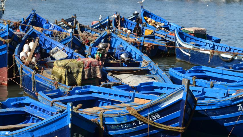 Dort prägen die blauen Holzboote der Fischer das Bild im Hafen, wo...