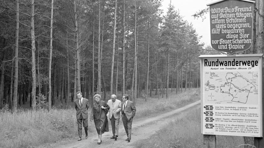 Bei Kraftshof erwartet den Wandersmann am Ausgangspunkt der Rundwege (rechts) zwar Steckerlaswald, aber ein Stück weiter findet er schon hochgewachsene Laubbäume.
 <a href=http://www.nordbayern.de/region/nuernberg/21-juni-1966-ubern-kurzen-weg-in-den-wald-1.5277467
 > Hier geht es zum Artikel vom 21. Juni 1966: Übern kurzen Weg in den Wald.