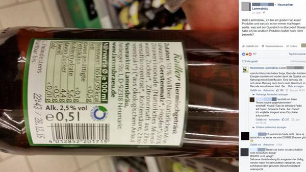 Eigentlich sind Strichcodes nur schwarze Tinte auf weißem Papier und dienen beispielsweise beim Einkauf dazu, dass das entsprechende Produkt durch einen Scanner an der Kasse schnell identifiziert werden kann. Nicht jedoch nach Ansicht einiger Menschen mit Hang zur Esoterik: Sie meinen, dass der Strichcode negative Strahlungen und Energien einfängt, bündelt und sie in das verpackte Lebensmittel leiten. Zum Glück ist die Lösung einfach: Ein Querstrich reicht, um den Strichcode zu "entstören" - ein Weg, den auch die Neumarkter Lammsbräu mittlerweile geht. Wahlweise kann man aber den Strichcode auch durch einen speziellen Filzstift (ab 10 Euro) selbst neutralisieren - oder noch einfacher: Man stellt die Lebensmittel auf ein spezielles Tablett (ab 2000 Euro).